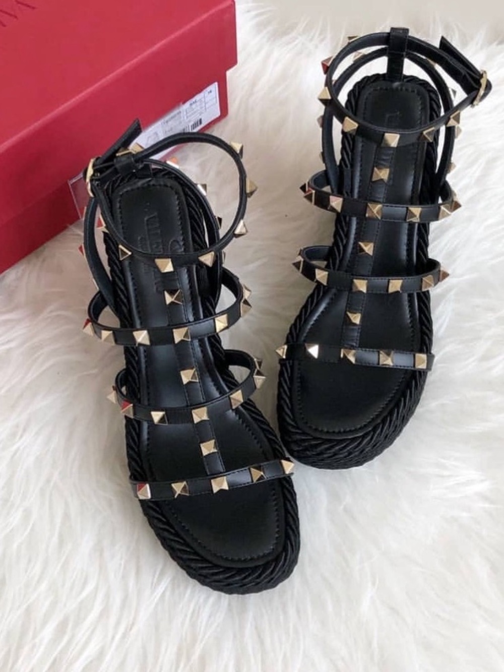 Valentino Garavani Rockstud ankle strap wedge sandals in black calfskin leather